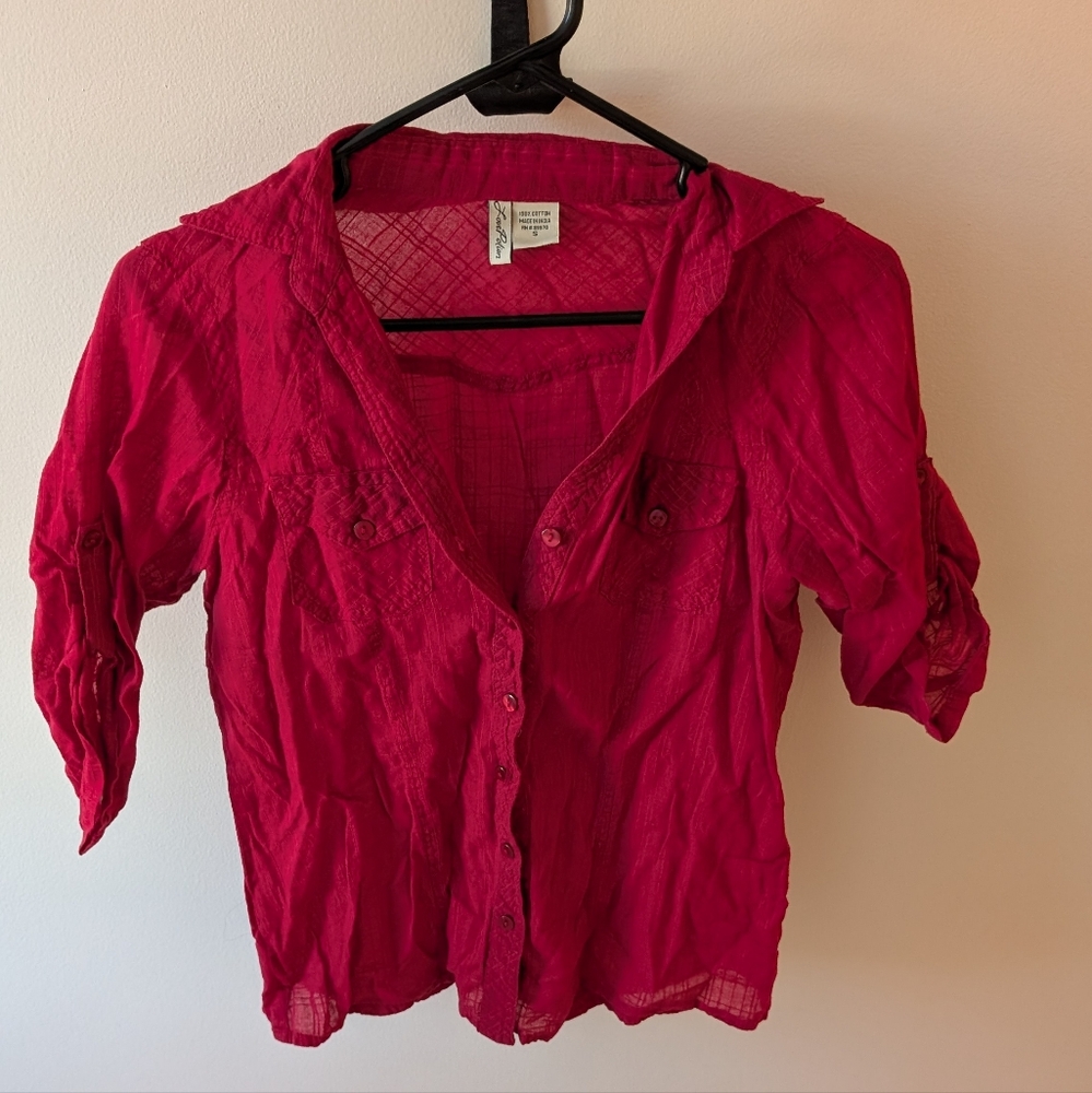 Love Potion sheer red button down blouse. Size small.